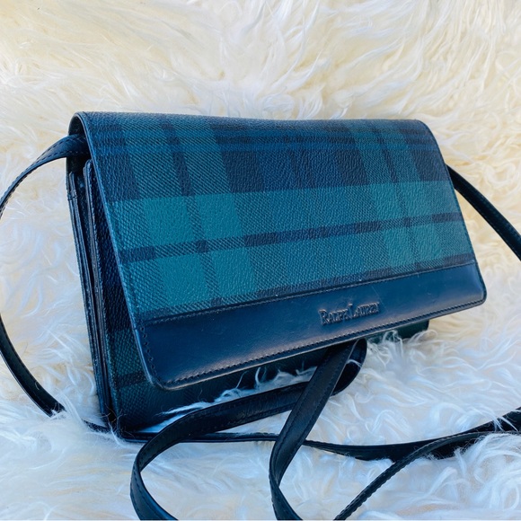 RALPH LAUREN blackwatch plaid leather wallet clutch crossbody bag vintage - Picture 3 of 14